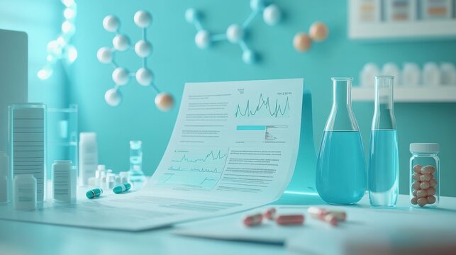 Scientific laboratory with research papers, glass flasks, and molecular structures on a blue background