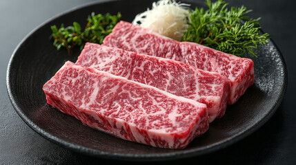 A collection of raw beef cuts, showcasing high-quality Wagyu beef, with marbling visible on the fat. The beef is fresh, with vibrant red and white contrast, highlighting its lean and fatty sections. 