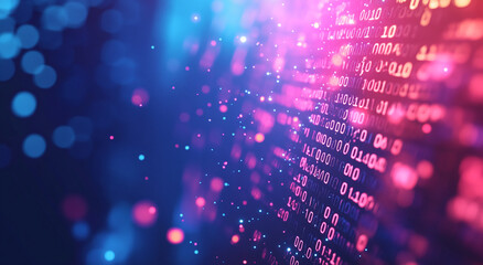 Obraz premium Digital abstract background showcasing binary code in vibrant colors with sparkling particles