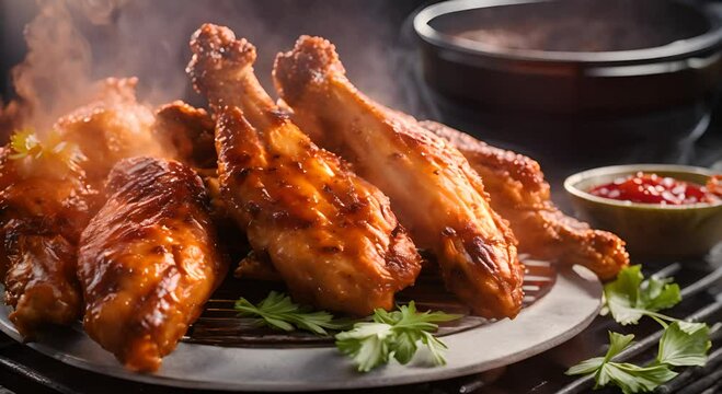 A plate of chicken wings is on a grill with some of them already cooked Video 4K
