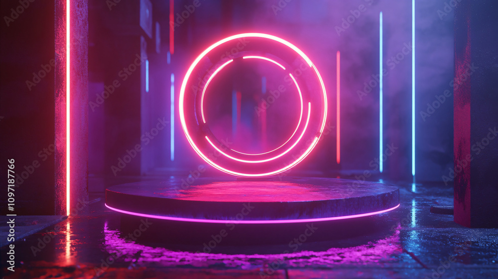 Poster pink and blue neon lights illuminating futuristic room with empty platform and glowing circle