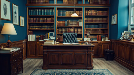 Obraz premium A private doctor’s office featuring a desk, shelves filled with medical textbooks, and a stethoscope hanging on a chair, creating a professional and welcoming environment.