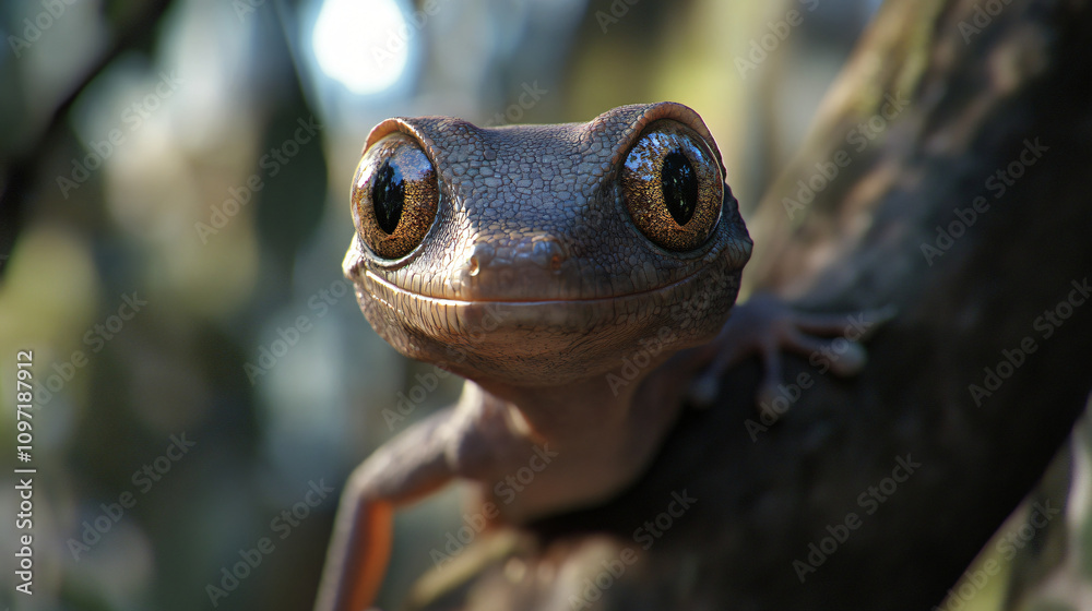 Poster close-up of a gecko gripping a tree branch, its large eyes shining in the dappled sunlight of a trop