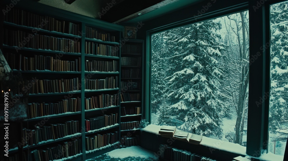 Poster A cozy library with snow-covered trees visible through a large window.