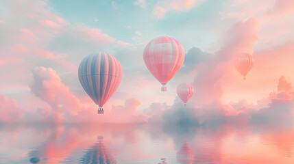 Fototapeta premium Serene hot air balloons in pastel skies, with double exposure blending in faint reflections of water, creating a calm, reflective mood. Pastel Balloon Skies. Illustration