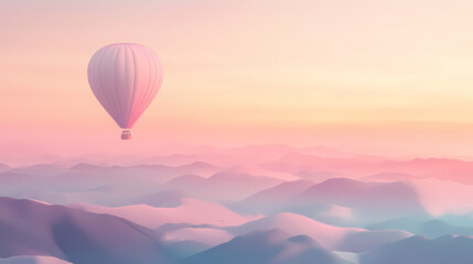Obraz premium Pastel hot air balloon floating over a dreamy landscape, with soft-colored hills and a gentle pastel sky. Pastel Balloon Skies. Illustration