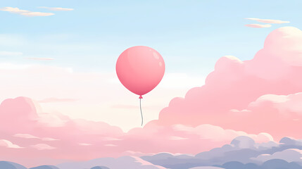 Obraz premium Minimalist pink balloon floating in a pastel sky, symbolizing freedom and joy in a simple, elegant composition. Pastel Balloon Skies. Illustration