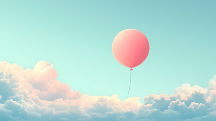 Fototapeta premium Minimalist pink balloon floating in a pastel sky, symbolizing freedom and joy in a simple, elegant composition. Pastel Balloon Skies. Illustration