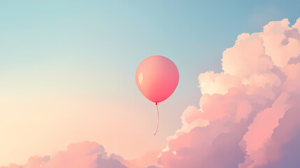 Obraz premium Minimalist pink balloon floating in a pastel sky, symbolizing freedom and joy in a simple, elegant composition. Pastel Balloon Skies. Illustration