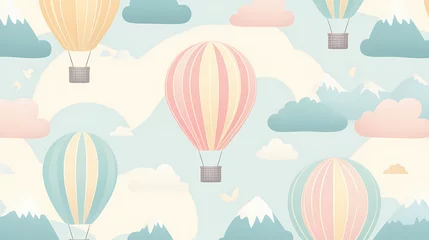 Hot air balloons seamless wallpaper for a boy's room. rainbows, clouds, mountains and pastel colors. blue and beige. Pastel Balloon Skies. Illustration