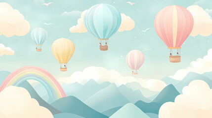Naklejka premium Hot air balloons seamless wallpaper for a boy's room. rainbows, clouds, mountains and pastel colors. blue and beige. Pastel Balloon Skies. Illustration