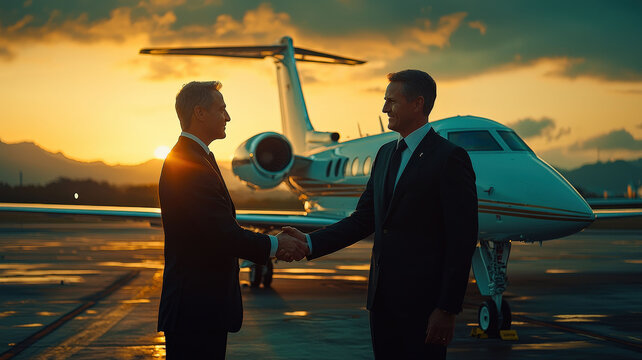 A private jet pilot shaking hands with a business traveler on the tarmac, showcasing professionalism and the start of a business journey.