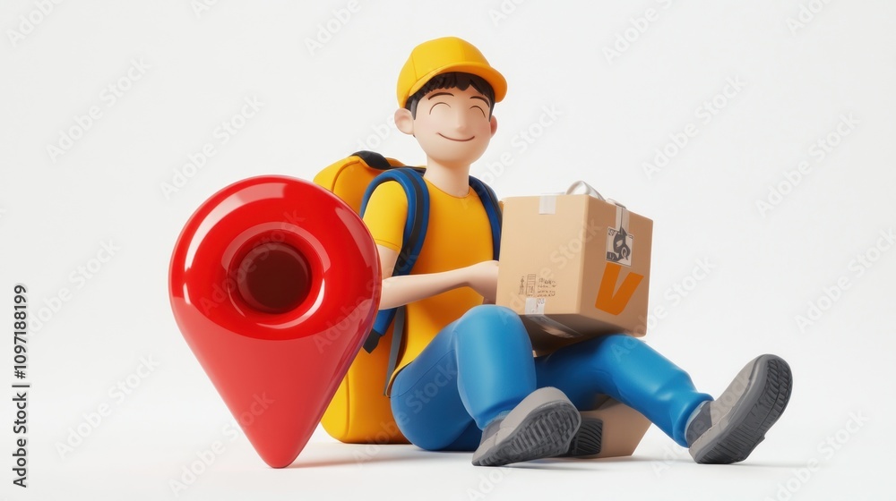Poster a cheerful delivery person with a package and a location pin, symbolizing delivery services.