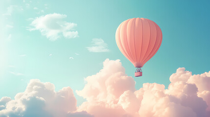 Fototapeta premium A whimsical hot air balloon in pastel colors floating among fluffy clouds in the sky. Pastel Balloon Skies. Illustration