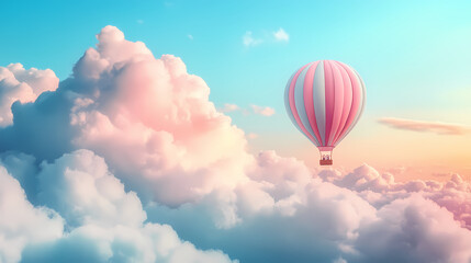 Fototapeta premium A whimsical hot air balloon in pastel colors floating among fluffy clouds in the sky. Pastel Balloon Skies. Illustration