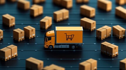 Yellow delivery truck with shopping cart icon surrounded by packages on a conveyor belt