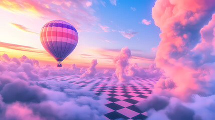 Fototapeta premium A vibrant hot air balloon floats over a surreal landscape of fluffy pink clouds and a checkered pastel ground during a colorful sunrise. Pastel Balloon Skies. Illustration