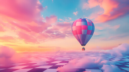 Fototapeta premium A vibrant hot air balloon floats over a surreal landscape of fluffy pink clouds and a checkered pastel ground during a colorful sunrise. Pastel Balloon Skies. Illustration