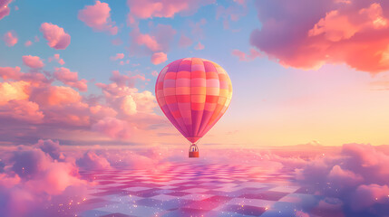 Obraz premium A vibrant hot air balloon floats over a surreal landscape of fluffy pink clouds and a checkered pastel ground during a colorful sunrise. Pastel Balloon Skies. Illustration