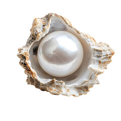 A lustrous pearl nestled inside an open oyster shell.