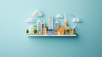 Obraz premium Miniature eco-city with wind turbines, solar panels, and green trees on a blue background.