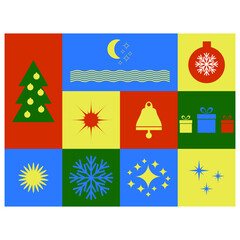 Vector Merry Christmas and Happy Holiday Greeting Card with stars, gift, balls, box, moon, sun, tree, snowflake. Feliz Navidad. Happy New Year.