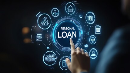 Fototapeta premium Personal loan and financial services concept. A person interacts with icons financial services, personal loans, interest rates, banking, and payment options. Online accessing financial products. money