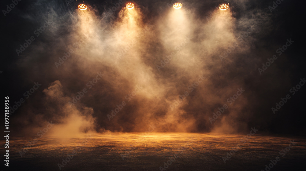Poster dramatic atmosphere created by spotlights illuminating an empty stage through smoke or fog