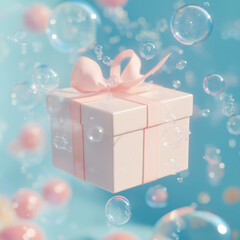 Surreal floating gift box surrounded by bubbles in a vibrant blue background during a magical celebration