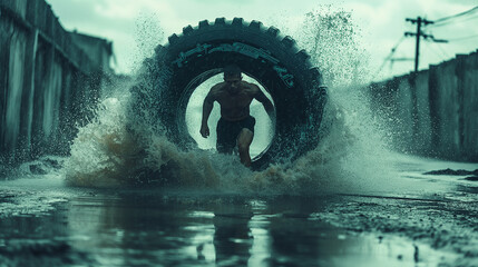 An athlete trains hard to work with a big tire workout sport
