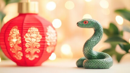 Fototapeta premium Green snake figurine with red eyes next to a decorative red lantern on a blurred festive background.