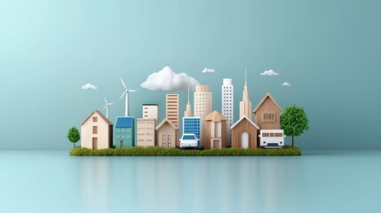 Sustainable city model with wooden houses, skyscrapers, wind turbines, and trees on blue background.