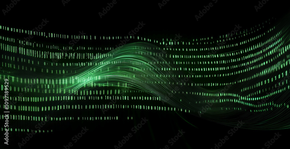 Fototapete green binary code flows gracefully across a dark background, creating a sense of movement and techno