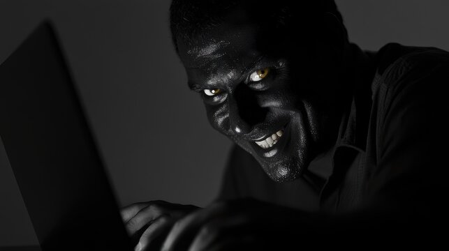 Man with sinister smile illuminated by computer screen in dark environment. Studio conceptual photography