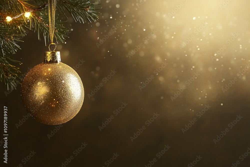 Aufkleber a golden christmas ornament dangles from a lush pine branch, capturing the glimmer of lights and cre