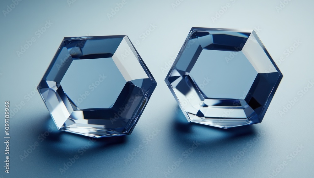 Poster two hexagonal crystal objects on a soft blue background.