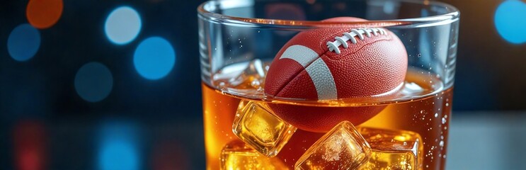 Miniature american football floating in a glass of whiskey with ice cubes, glowing bokeh background, concept for Super Bowl celebration and party drinks