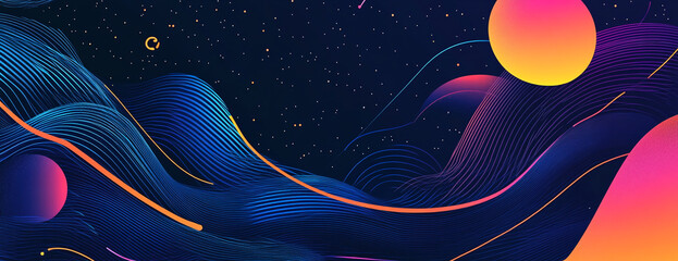 Vivid abstract depiction of cosmic waves and colorful celestial bodies against a starry night sky