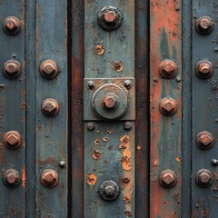 Fototapeta premium Close-up of a weathered metal door with bolts and rust.
