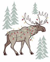 Retro Christmas Vector Art Featuring a Moose in a Winter Forest Environment