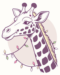Retro Christmas Vector Artwork Featuring a Giraffe in a Whimsical Holiday Setting