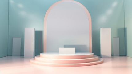 Whimsical Display: podium for product demonstration. Pastel colors background. Shelf. Generative AI