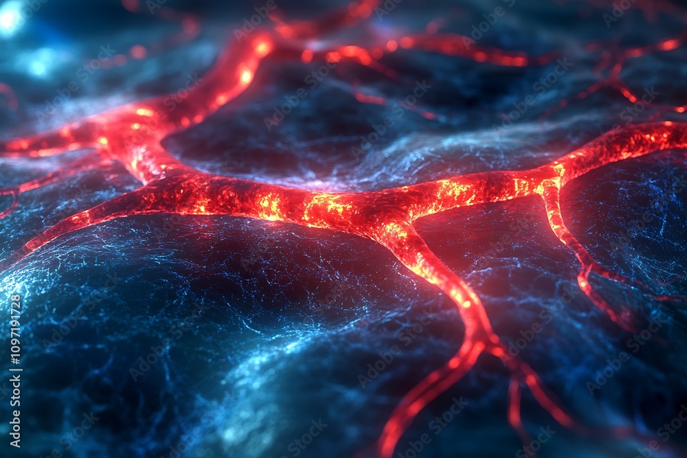 Poster abstract representation of glowing neural pathways or networks in a digital environment.