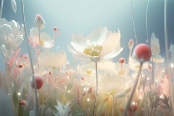 Delicate pink flowers dance alongside bubbles in the air, illuminated by the warm rays of the summer sun. Generative AI