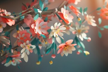 A collection of colorful papercraft flowers suspended from strings, creating a vibrant and artistic display. Generative AI
