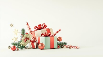 Festive Christmas presents wrapped in colorful paper with decorations for the holiday season.