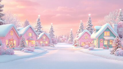 Fototapeta premium Cartoon winter scene with houses and christmas trees for text