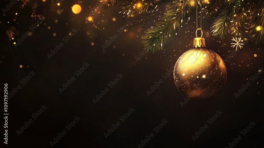 Poster a golden ornament hangs gracefully from a pine branch, illuminated by twinkling lights, creating a w