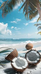 Fresh coconuts half opened on a sandy beach with palm trees, bright blue ocean waves in the background under a clear sunny sky. Tropical paradise concept.