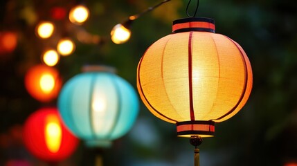 Illuminated Lanterns Hanging Outdoors At Night